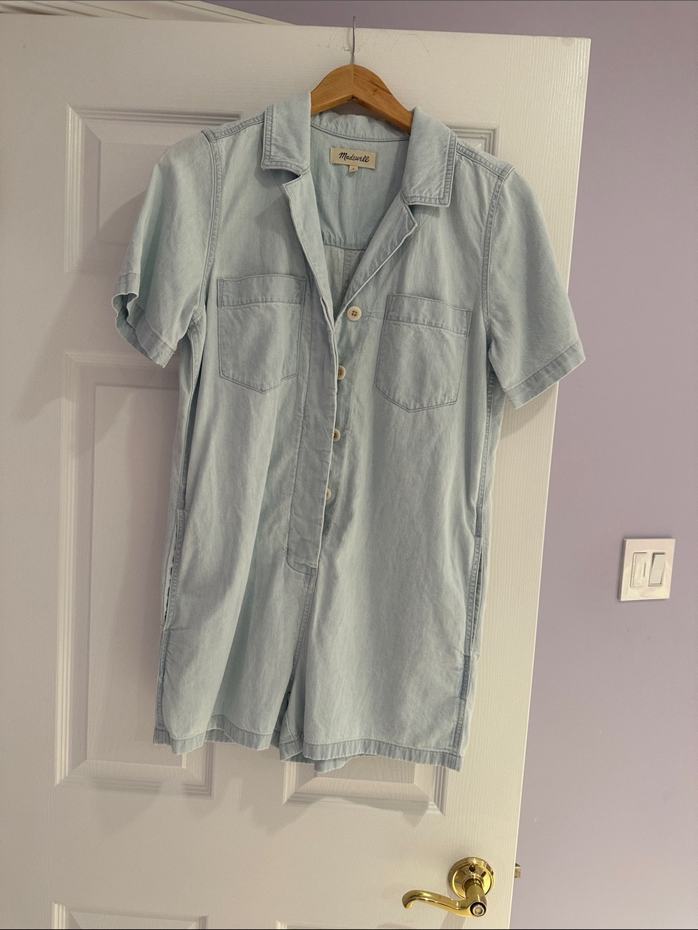 Madewell  Short-Sleeve Shorts Romper in Light Chambray Blue - size small